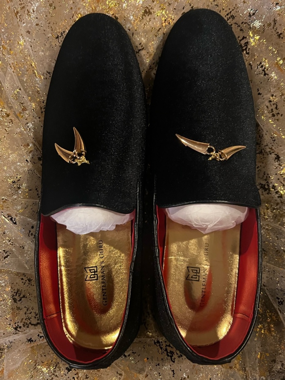 Black Velvet Slip-On Loafers with Gold Accent